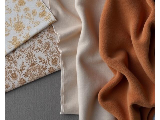 Close-up of rich, textured fabrics and wallpapers.