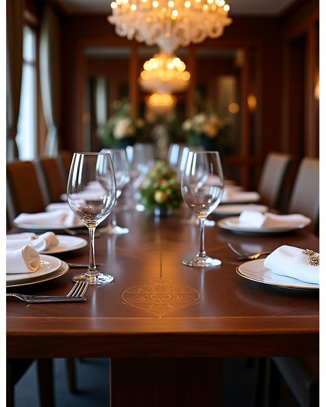 Elegant bespoke dining table crafted from dark wood with intricate inlays, set for an opulent dinner.