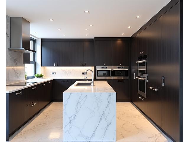Modern Knightsbridge kitchen with sleek lines, marble countertops, and integrated appliances, bathed in warm light.