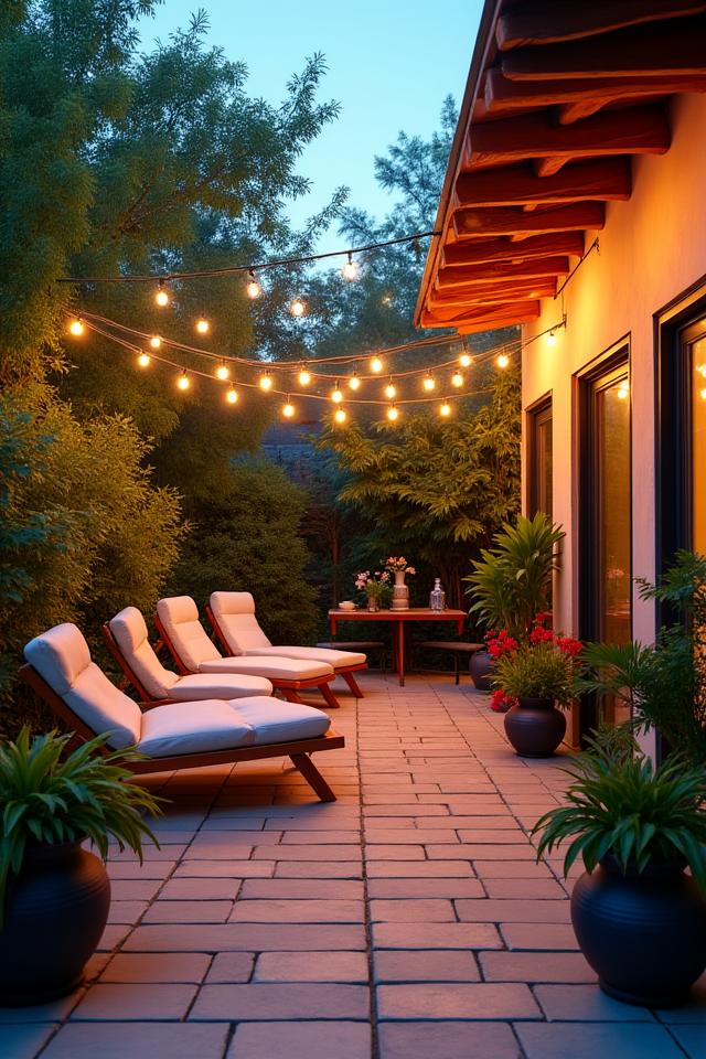 Inviting summer garden terrace transformed with elegant outdoor furniture, potted plants, and twinkling lights.