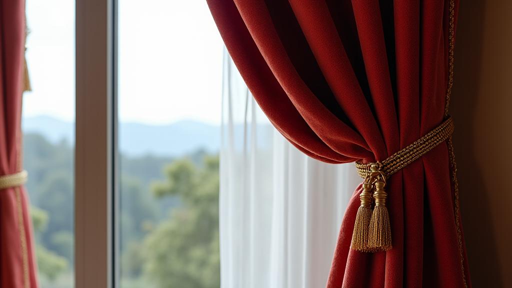 Luxurious custom-made curtain pulled back in an elegant living room