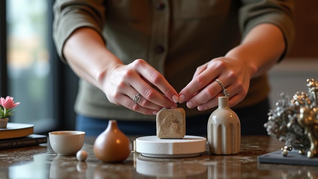 Designer arranging decorative objects on a coffee table in a beautifully styled living room